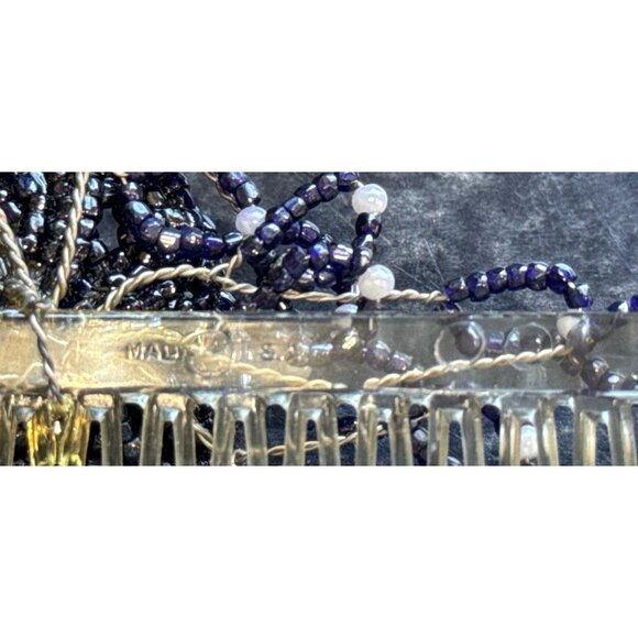 Vtg 1970\'s Handmade Beaded Navy Blue Rose Floral Design Hair Comb White Beads